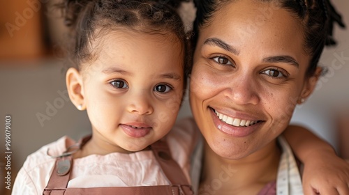 Horizontal shot of a mother and child baking together in a charming kitchen, with both in aprons and smiling warmly.