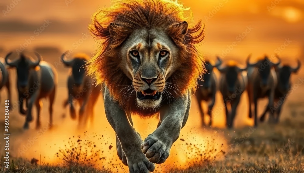 Intense Lion Chase in the Savanna Intense Lion Chase in the Savanna