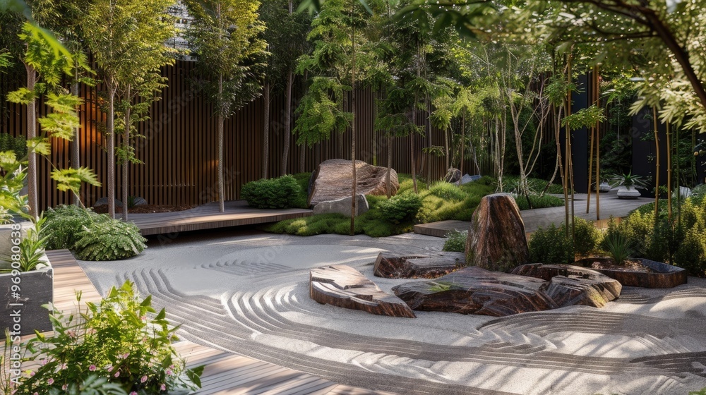 Outdoor meditation garden with sound absorbing plants and zen sand patterns Outdoor meditation garden with sound absorbing plants and zen sand patterns