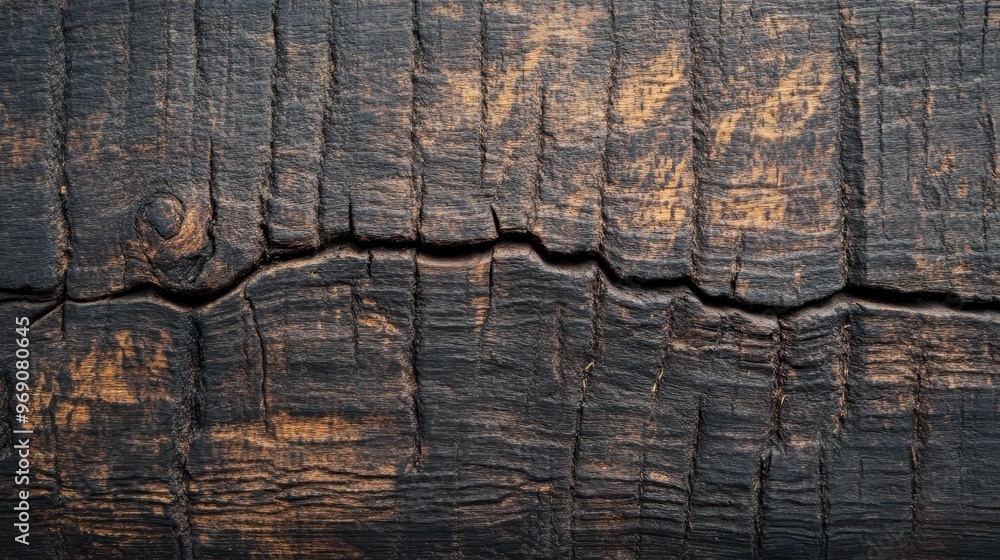 Fototapeta premium A close-up of textured, charred wood with visible cracks and grain patterns.