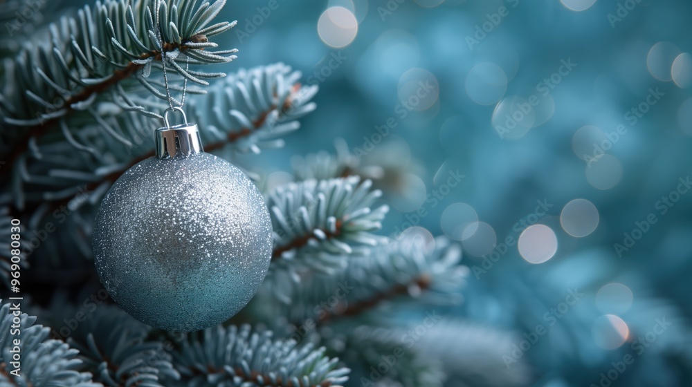 A lovely Sparkling Blue Christmas Ornament beautifully placed on a lush Evergreen Branch