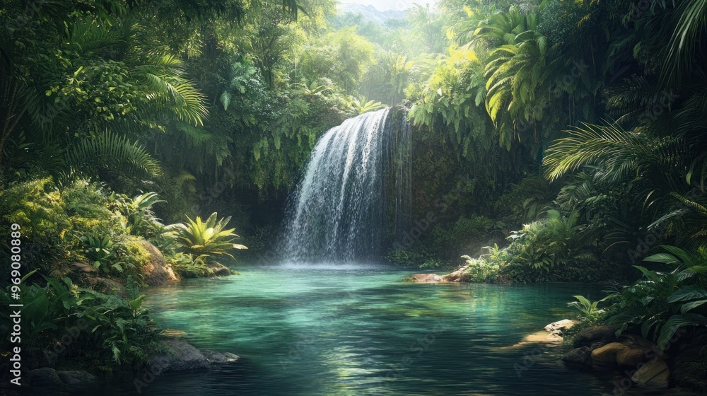 Serene Waterfall in a Lush Tropical Jungle Serene Waterfall in a Lush Tropical Jungle