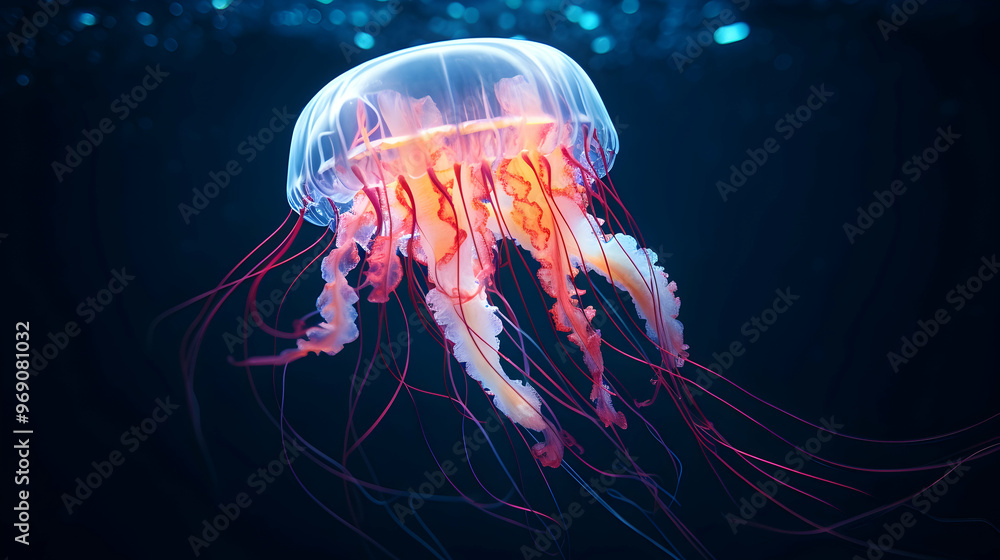 A high-tech electronic jellyfish with luminous tentacles swimming in a virtual sea A high-tech electronic jellyfish with luminous tentacles swimming in a virtual sea
