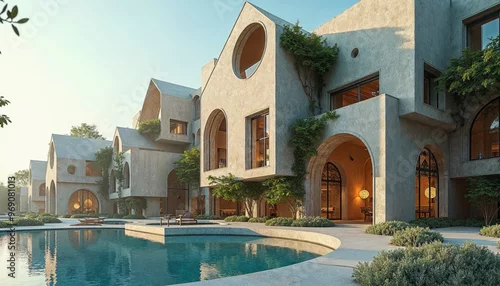Fototapeta Modern architectural design of a building with an arched doorway and swimming pool.