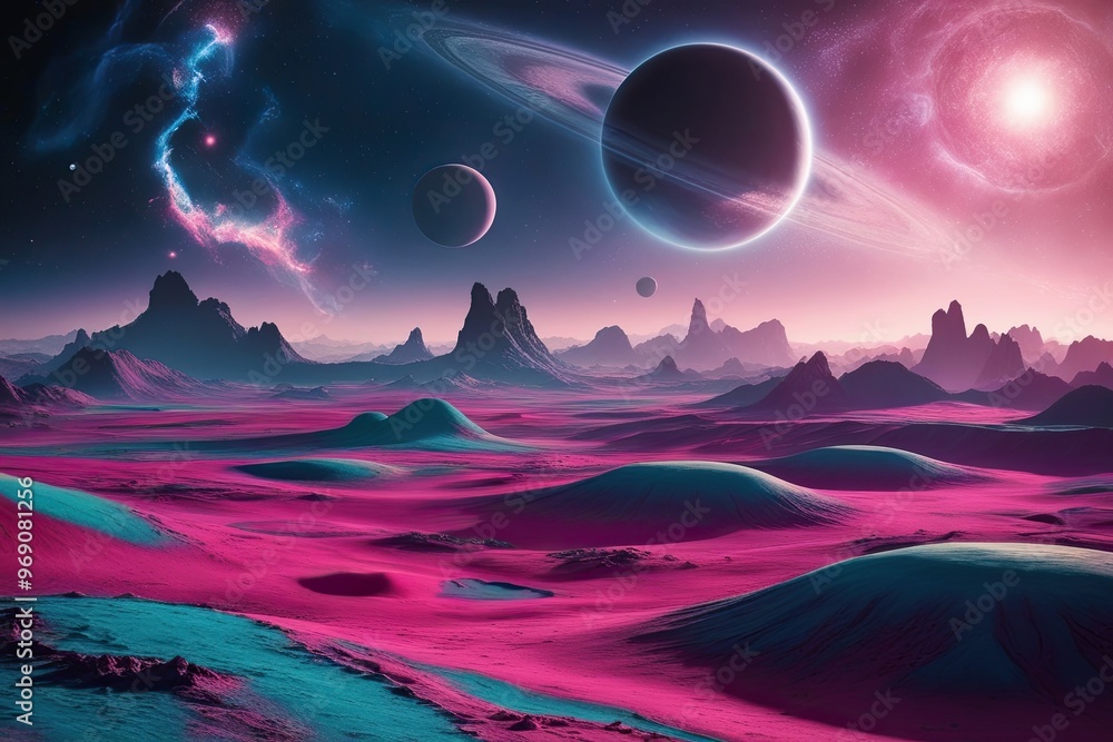 Surreal Extraterrestrial Landscape with Cosmic Phenomena and Vibrant Terrains Surreal Extraterrestrial Landscape with Cosmic Phenomena and Vibrant Terrains