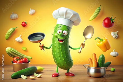 A bright green pickle dons a chef's hat, wielding a frying pan amidst a whimsical kitchen filled with playful utensils and colorful condiments. photo