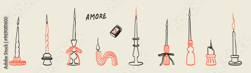 Various candles. Different shapes and sizes. Decorative wax candles for wedding or date invitation decoration. Matches, classic candle charcoal or chalk doodle drawings. Hand drawn vector icon set.