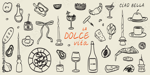 Hand drawn chalk food illustrations. Breakfast, lunch icons. Wine glass, coffee, croissant, cheese, bread drawings for wedding invitations, cafe menus and parties. La dolce vita italian sketch style.