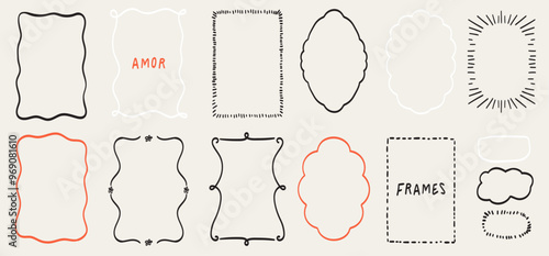 Doodle hand drawn trendy frame collection with swirls and wavy lines. Borders for wedding invitations, birthday card, lunch menus. Squiggly and wavy frame design. Minimalist line art decorations.
