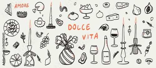 Boho style food and beverages vector illustrations for wall art decor, logo and package design. Italian or french style art collection for wedding or restaurant cafe dinner or lunch menu designs.