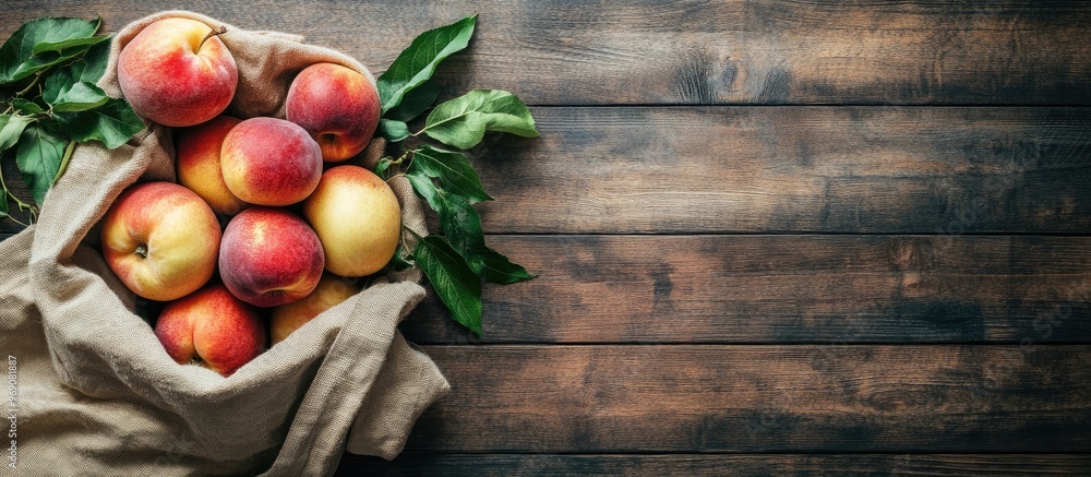 Eco friendly packaging zero waste for plastic shopping A lifestyle concept using recycled materials Fresh apples and peaches in a cloth bag Wooden boards backdrop copy space top view Eco friendly packaging zero waste for plastic shopping A lifestyle concept using recycled materials Fresh apples and peaches in a cloth bag Wooden boards backdrop copy space top view