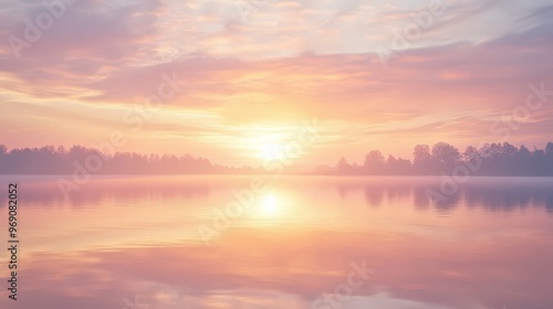 A stunning sunrise over a tranquil lake. The sky is painted in soft shades of pink, orange, and gold as the first light of day reflects off the calm water, creating a serene and picturesque scene