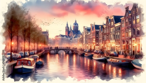 Watercolor of the canals of Amsterdam photo