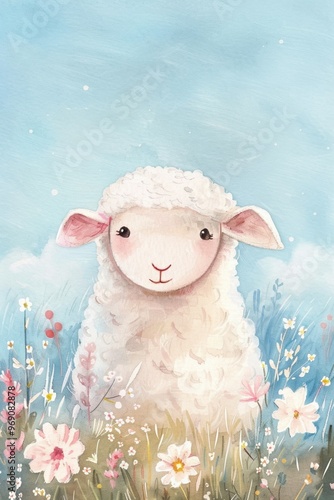 Playful and soft-toned illustration of a sheep for enhancing nursery decor photo