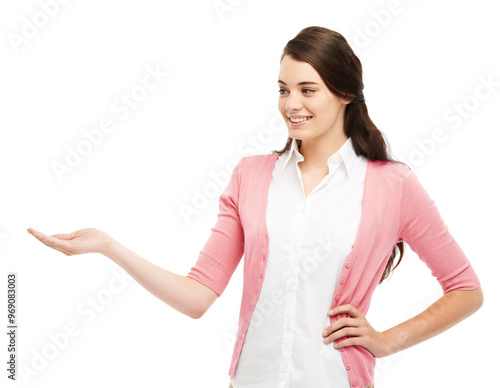 Woman, about us with hand to show advertisement for college recruitment and apply in studio. Student council, mockup and present promotion for university with announcement and white background