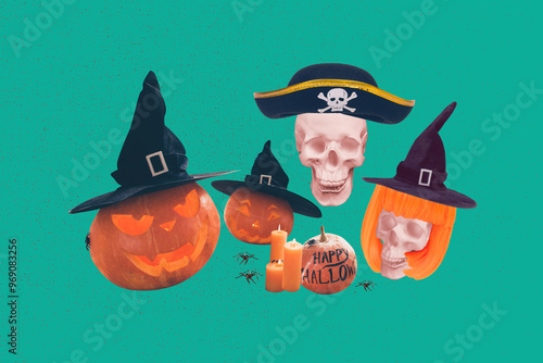 Composite photo collage of skull skeleton head wear witch pirate hat wig pumpkin halloween decor isolated on painted background photo