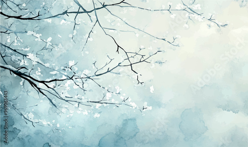 Watercolor silhouettes of tree branches covered in snow, with gentle white and light blue blurring, adding a fairy-tale winter feel 