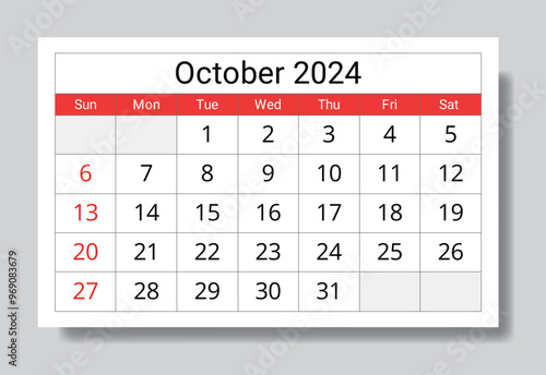 October 2024 ENGLISH month calendar. Vector printable illustration. Monthly planning for events
