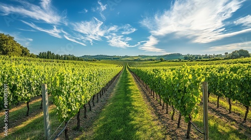 A stunning view of a sprawling vineyard with neatly arranged rows of grapevines. The vibrant green leaves