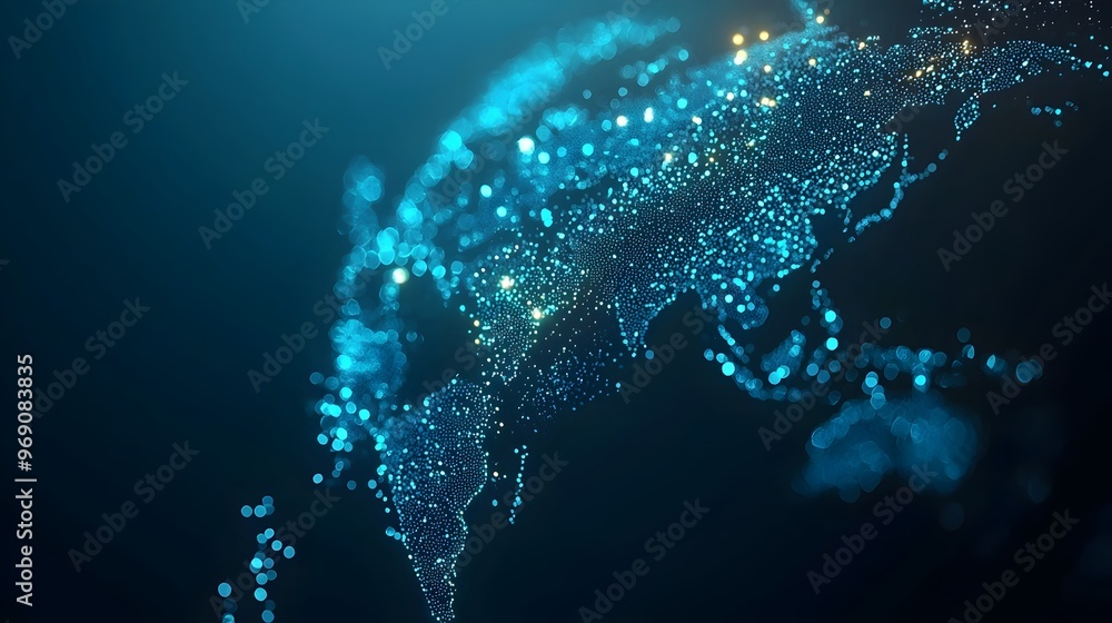Luminous Global Network of Interconnected Data Points Representing Worldwide Connectivity and Luminous Global Network of Interconnected Data Points Representing Worldwide Connectivity and