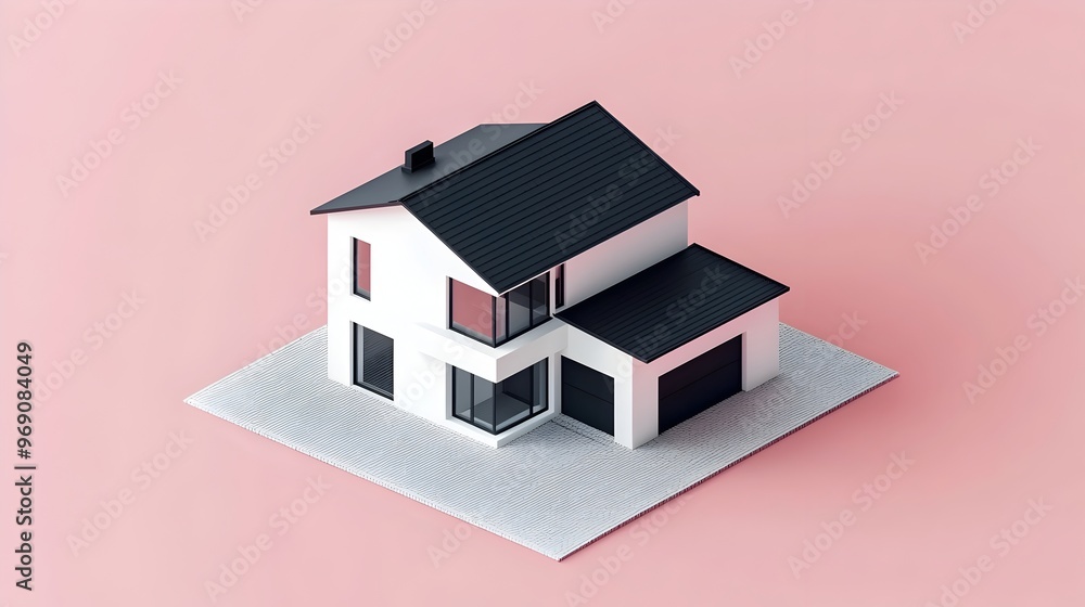 Minimalist 3D Isometric House with Integrated Garage on Colored Background Minimalist 3D Isometric House with Integrated Garage on Colored Background