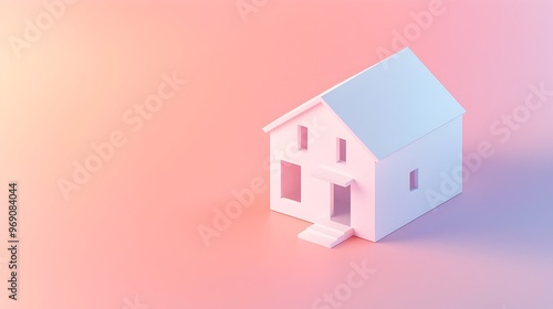 Minimalist 3D Isometric House with Clean Lines Floating on Pastel Gradient Background