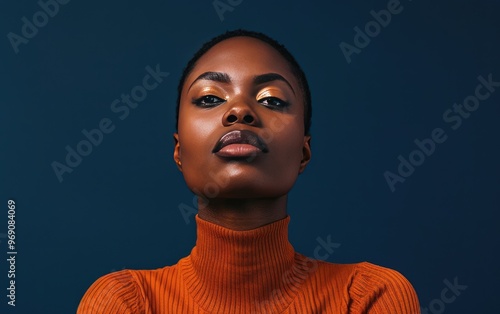 Confident African American Woman Portrait Isolated on Navy Blue Background, JPG Portrait image.