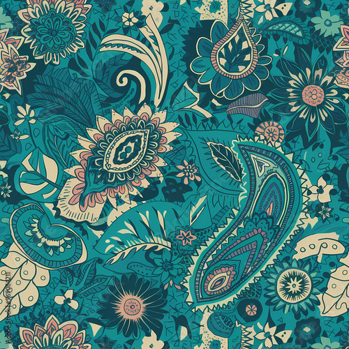 paisley and floral element pattern, muted colors , a fusion of modern colors and rich texture 