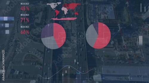 Animation of financial data processing over cityscape photo