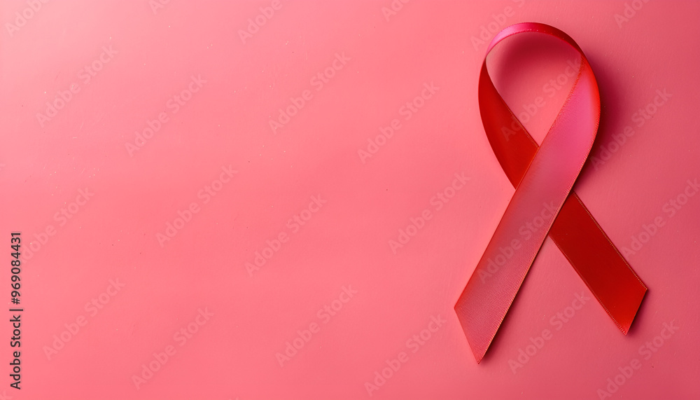 Red ribbon on color background, top view. Cancer awareness Red ribbon on color background, top view. Cancer awareness