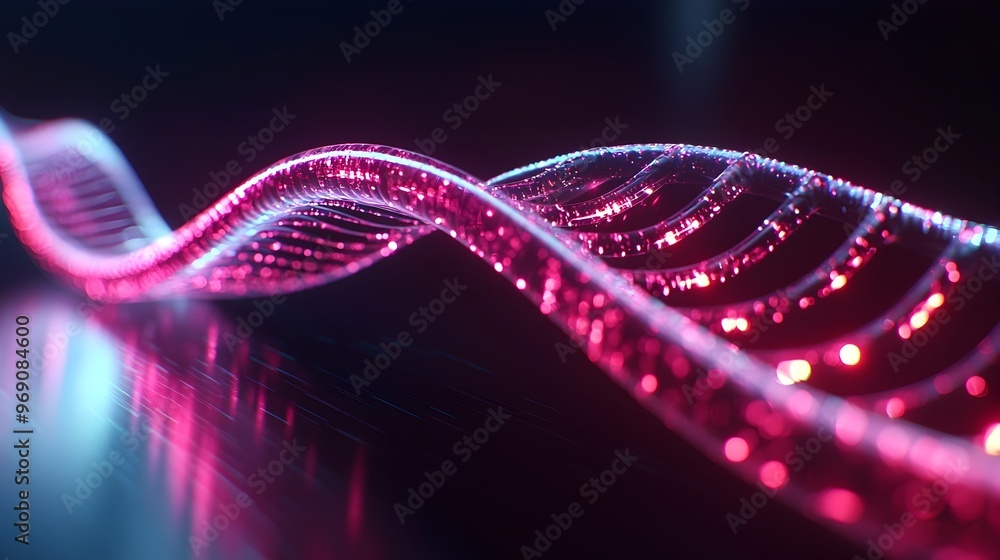Neon-lit Bio Lab with Holographic DNA Strands and Reflective Dark Background Neon-lit Bio Lab with Holographic DNA Strands and Reflective Dark Background
