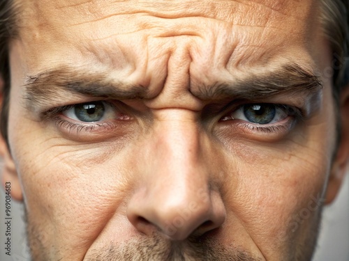 A close-up of a single eye with a scrunched brow, furrowed forehead, and narrowed lids, conveying a disgruntled and unimpressed emotion.