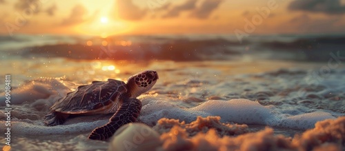 Sea turtle returning to the ocean selective focus with copyspace Releasing sea turtle back to Mother Nature photo