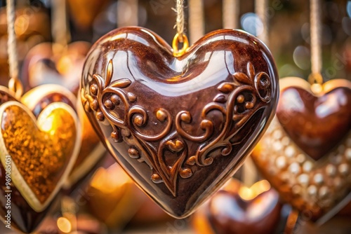 A close-up view of a handcrafted ceramic ornament showcases a delicate heart shape, expertly glazed in rich chocolate brown, with intricate textures and subtle nuances.