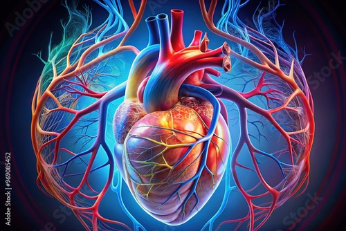 A colorful 3D illustration of a human heart with detailed anatomical labels, showcasing the atria, ventricles, valves, and blood vessels in a modern medical diagram style. photo