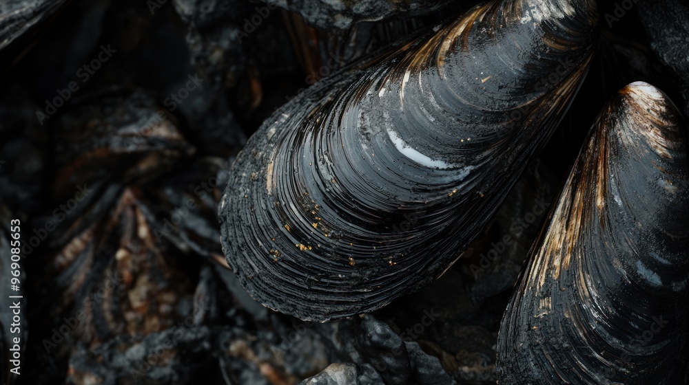 Close-up of Black Mussel Shell with Shiny and Textured Surface Close-up of Black Mussel Shell with Shiny and Textured Surface