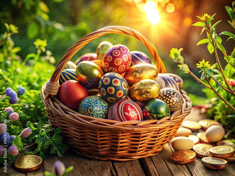 A colorful basket overflows with eggs, coins, and lush greenery, emitting warmth and joy on a sunny holiday morning like a beacon of happiness. A colorful basket overflows with eggs, coins, and lush greenery, emitting warmth and joy on a sunny holiday morning like a beacon of happiness.