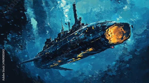 A futuristic submarine exploring the deep ocean, illuminated with orange light amidst dark blue water and marine life. photo