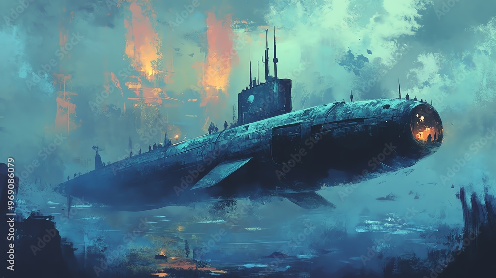 A mysterious submarine navigates through foggy waters, surrounded by an ethereal glow and hints of underwater secrets. A mysterious submarine navigates through foggy waters, surrounded by an ethereal glow and hints of underwater secrets.