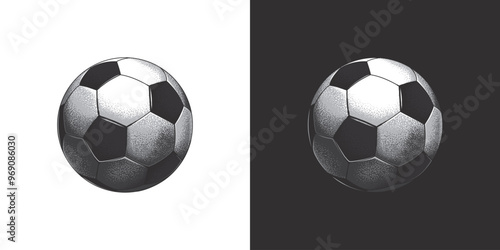 Original monochrome vector illustration on black and white background. Soccer ball in retro style.