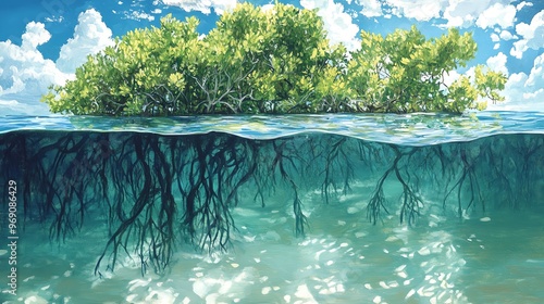 A serene underwater scene showcasing the lush mangrove roots and foliage, highlighting the beauty of coastal ecosystems.