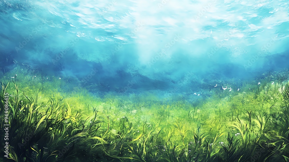 Fototapeta premium A serene underwater scene showcasing vibrant green plants, illuminated by soft sunlight filtering through crystal clear water.
