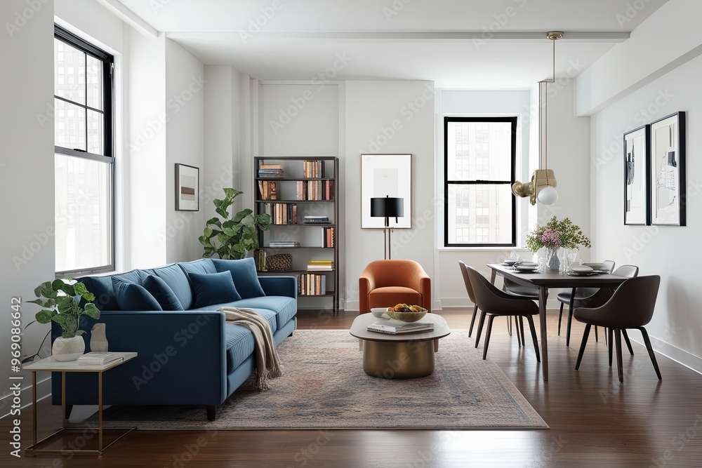 3D Urban Loft Design Featuring Comfort-Oriented Sofa Elegant Dining Set and Stylish Bookshelf on Clean White Backdrop 3D Urban Loft Design Featuring Comfort-Oriented Sofa Elegant Dining Set and Stylish Bookshelf on Clean White Backdrop
