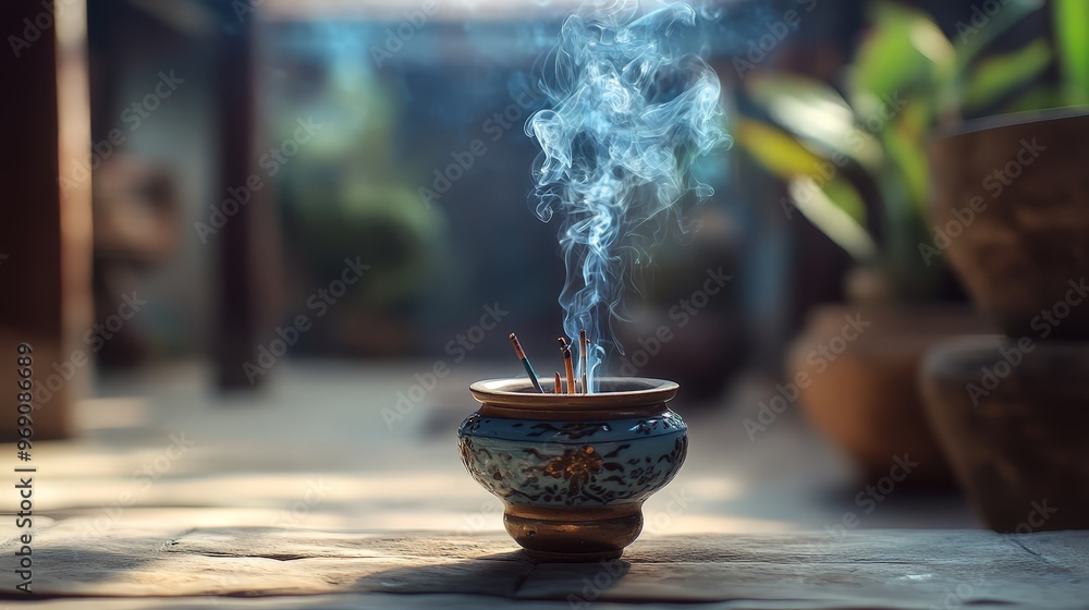 A tranquil image of smoke rising from a small incense burner. The delicate, curling smoke creates a soothing, aromatic atmosphere A tranquil image of smoke rising from a small incense burner. The delicate, curling smoke creates a soothing, aromatic atmosphere