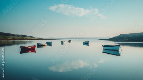 A tranquil image of a calm bay with boats gently floating on the still water. The reflective surface and the surrounding photo