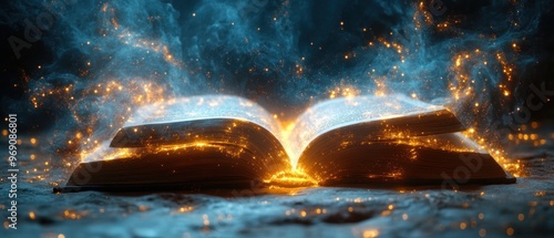 A Glowing Open Book with Mystical Sparks and Smoke photo