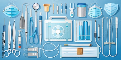 A comprehensive range of hospital supplies includes curettes, scissors, electrosurgical units, radiation protection shields, and duoderm dressings for a variety of medical applications. photo