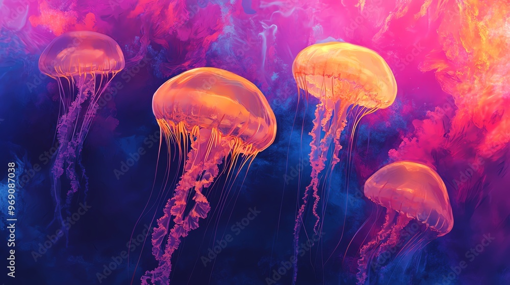 A stunning underwater scene featuring glowing jellyfish drifting through vibrant colors, showcasing the beauty of marine life. A stunning underwater scene featuring glowing jellyfish drifting through vibrant colors, showcasing the beauty of marine life.