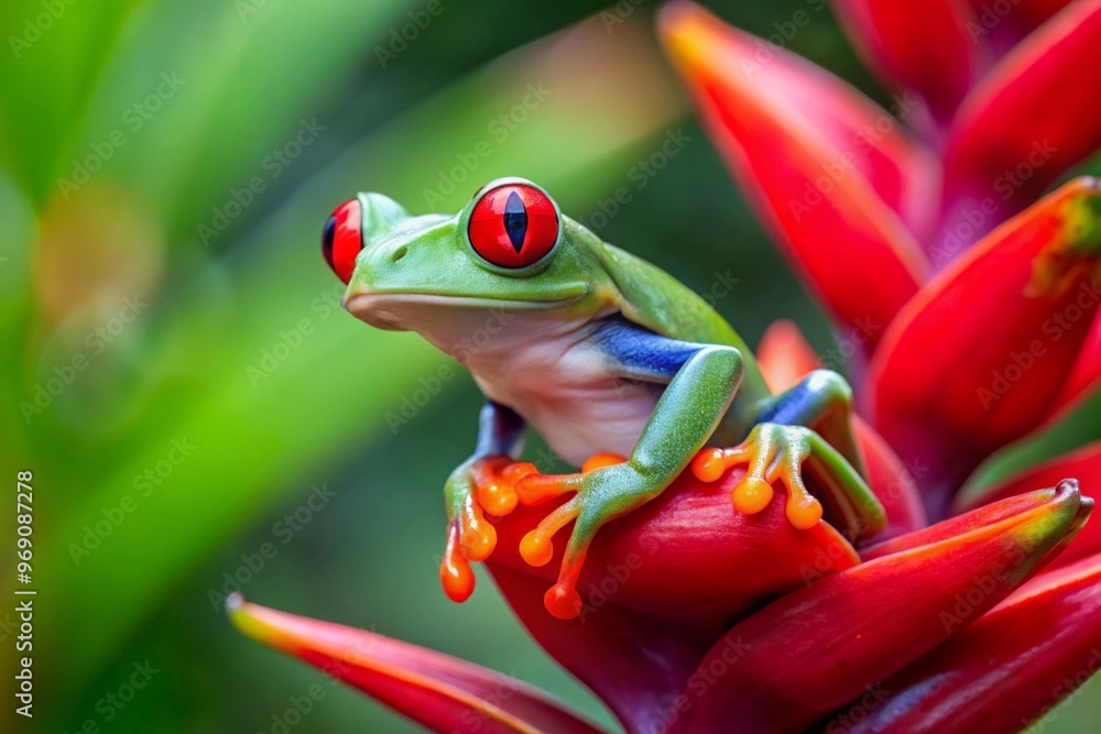 Naklejka premium Panama wildlife. Red-eyed Tree Frog, Agalychnis callidryas, Panama. Beautiful frog from tropical forest. Jungle animal on the red flower bloom. Green leave, frog with red eye