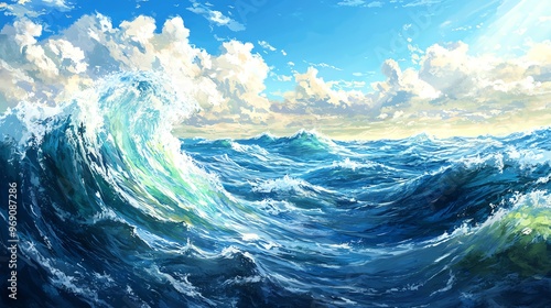 A vibrant ocean scene with dynamic waves and a bright sky, capturing the beauty of nature's water movement and tranquility.